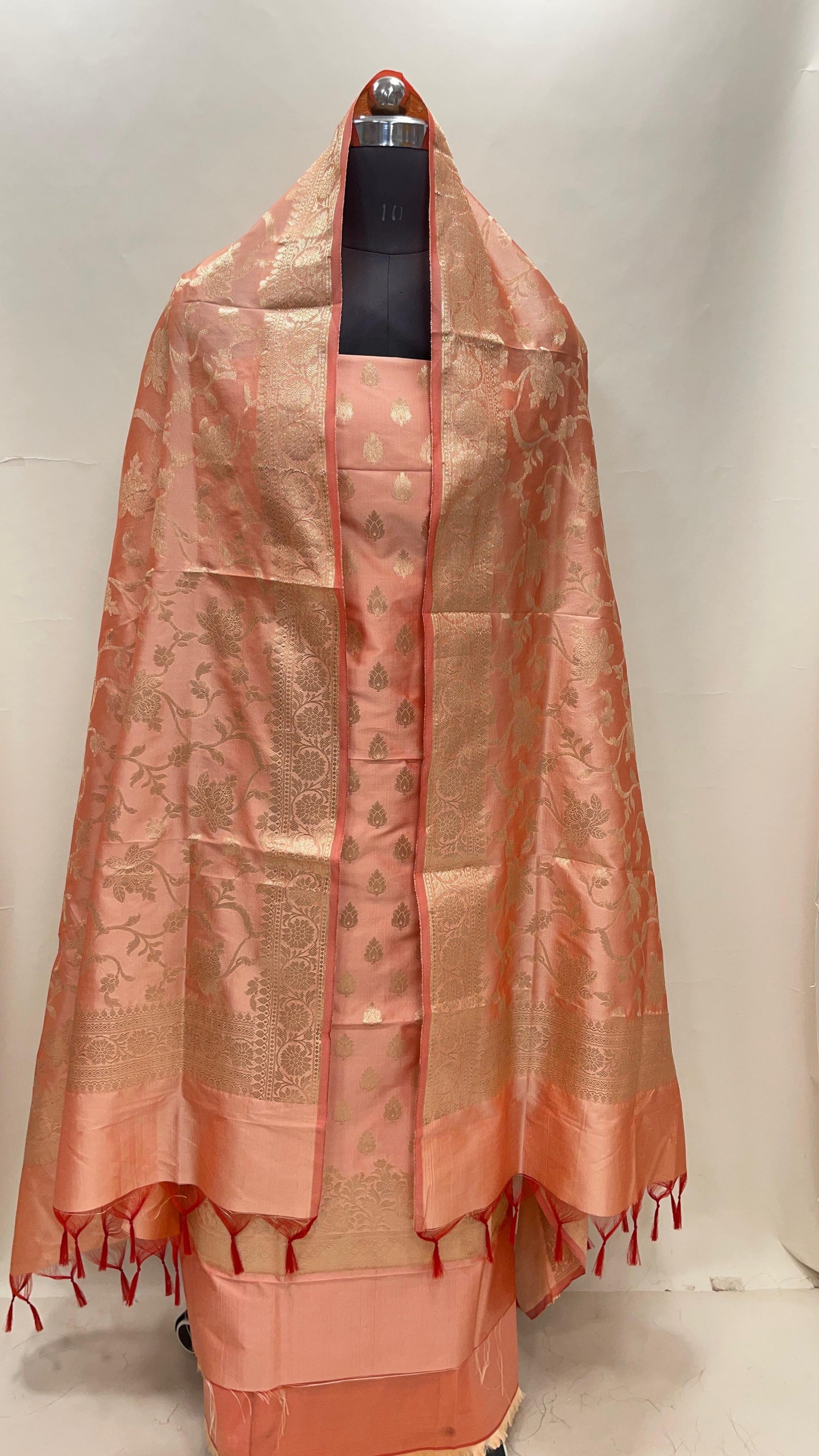 Peach Semi Katan Silk Handloom Banarasi 3 pcs Suit Set MUB_SK30