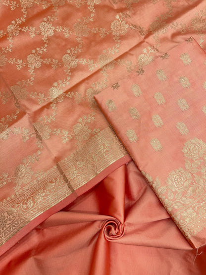 Peach Semi Katan Silk Handloom Banarasi 3 pcs Suit Set MUB_SK37