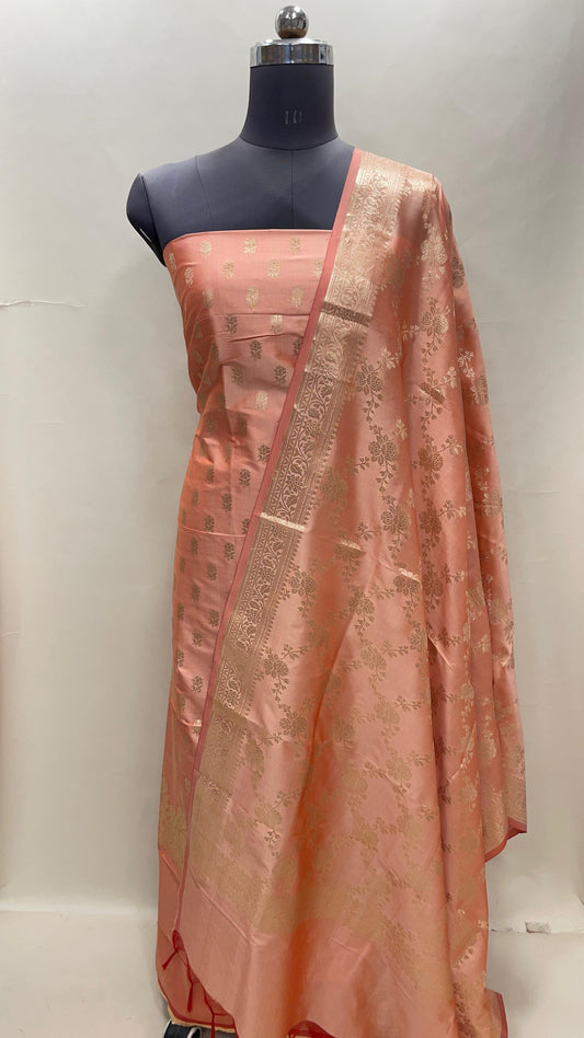 Peach Semi Katan Silk Handloom Banarasi 3 pcs Suit Set MUB_SK37