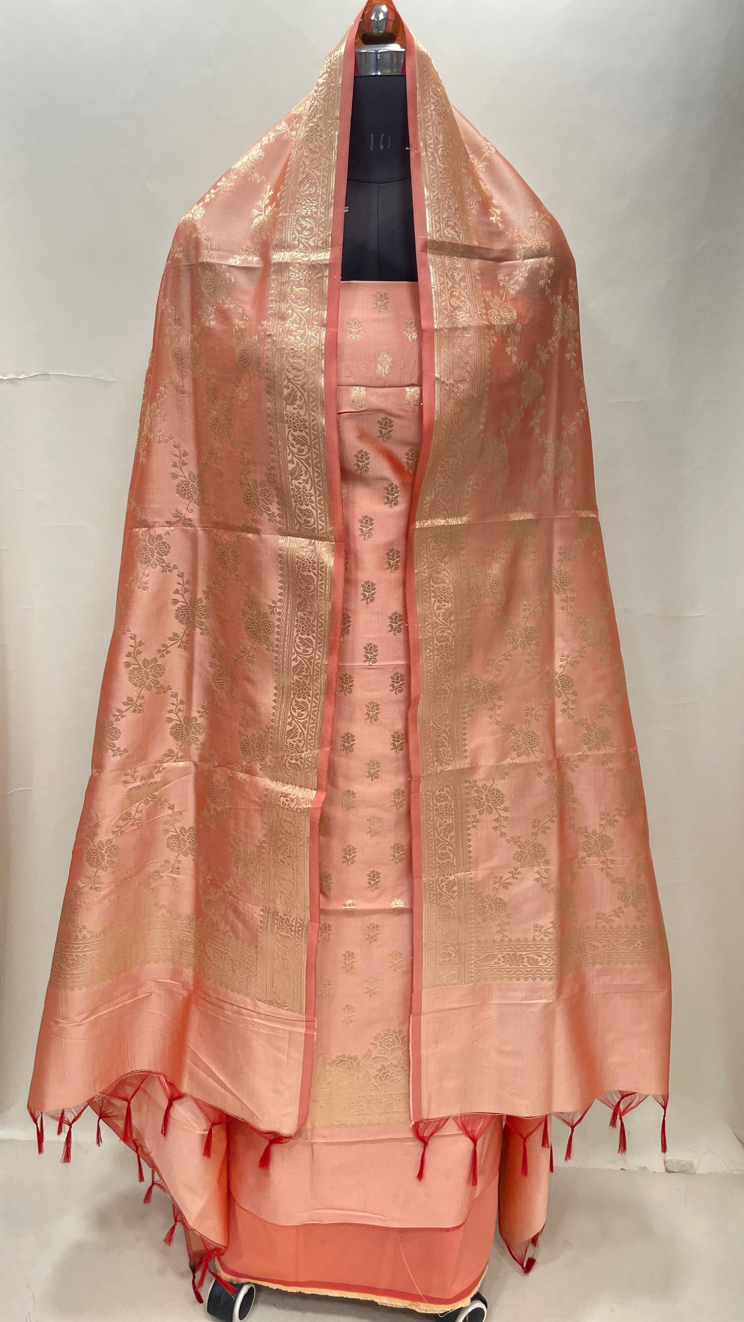 Peach Semi Katan Silk Handloom Banarasi 3 pcs Suit Set MUB_SK37
