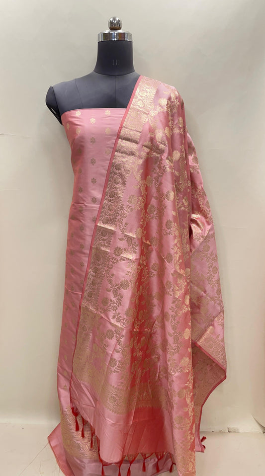 Pink Semi Katan Silk Handloom Banarasi 3 pcs Suit Set MUB_SK48