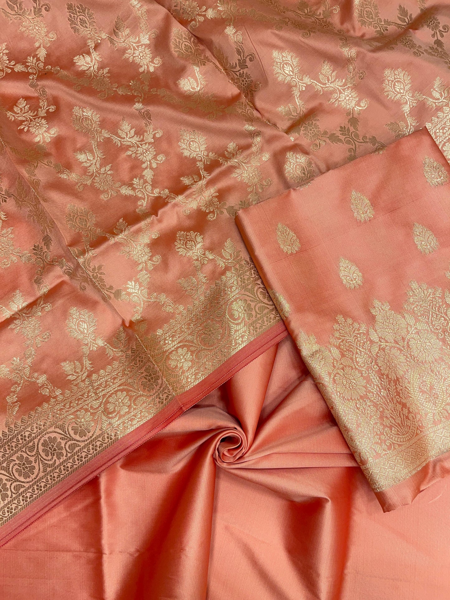 Peach Semi Katan Silk Handloom Banarasi 3 pcs Suit Set MUB_SK52