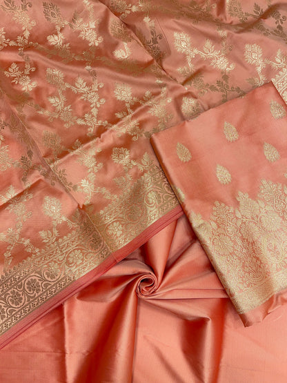 Peach Semi Katan Silk Handloom Banarasi 3 pcs Suit Set MUB_SK52