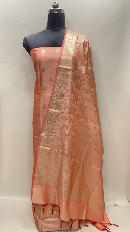 Peach Semi Katan Silk Handloom Banarasi 3 pcs Suit Set MUB_SK52