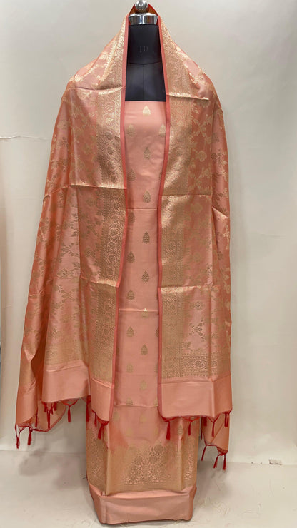 Peach Semi Katan Silk Handloom Banarasi 3 pcs Suit Set MUB_SK52
