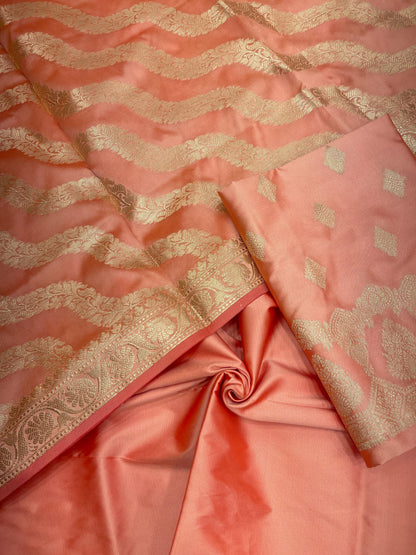 Peach Semi Katan Silk Handloom Banarasi 3 pcs Suit Set MUB_SK61