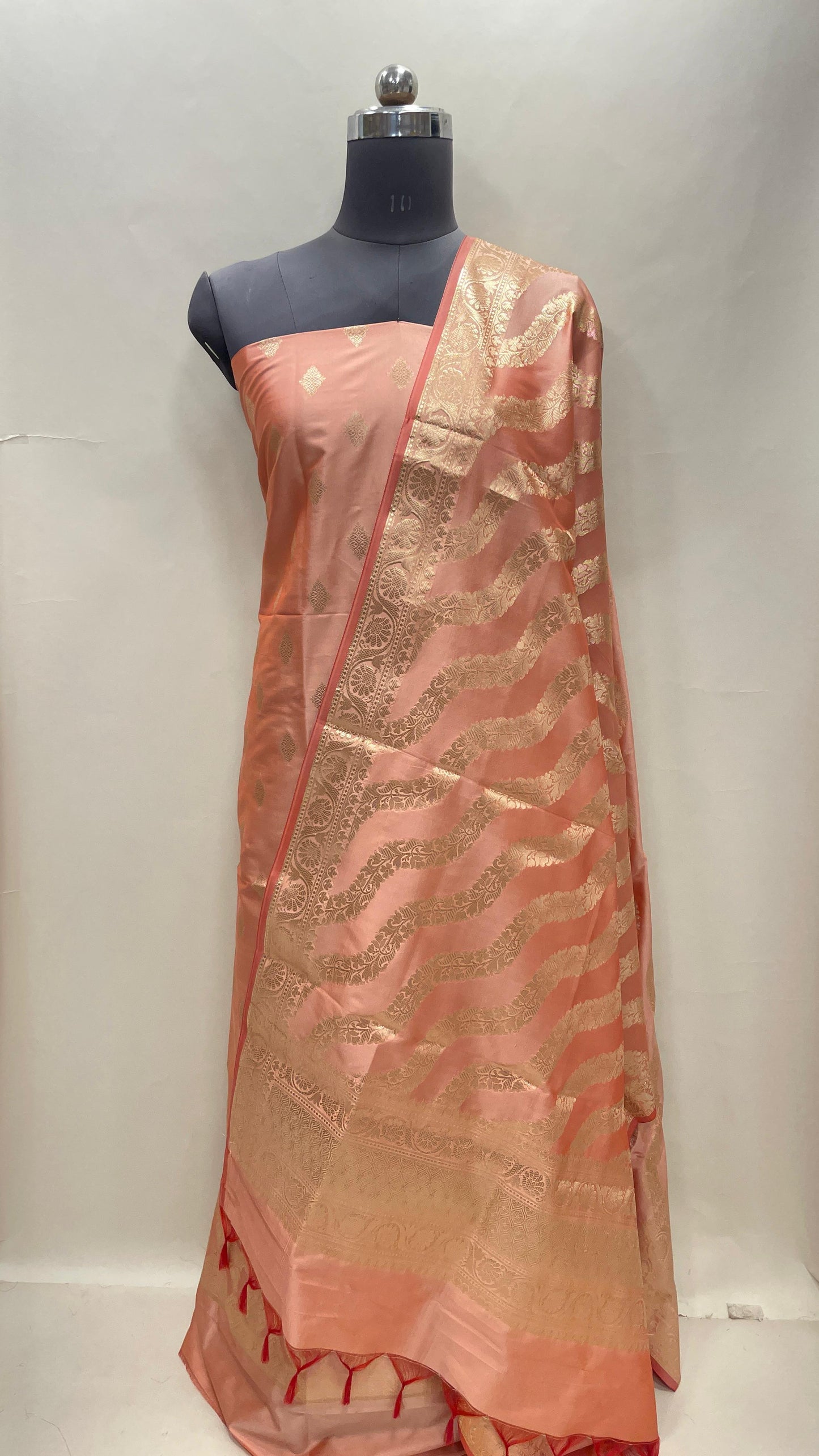 Peach Semi Katan Silk Handloom Banarasi 3 pcs Suit Set MUB_SK61