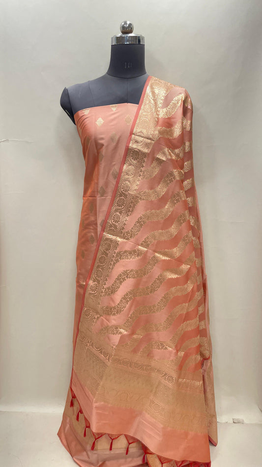 Peach Semi Katan Silk Handloom Banarasi 3 pcs Suit Set MUB_SK61