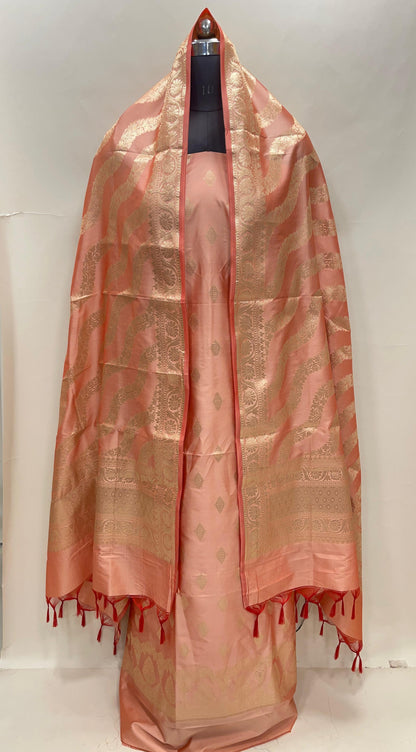 Peach Semi Katan Silk Handloom Banarasi 3 pcs Suit Set MUB_SK61