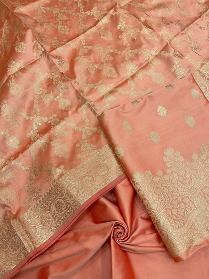 Peach Semi Katan Silk Handloom Banarasi 3 pcs Suit Set MUB_SK66