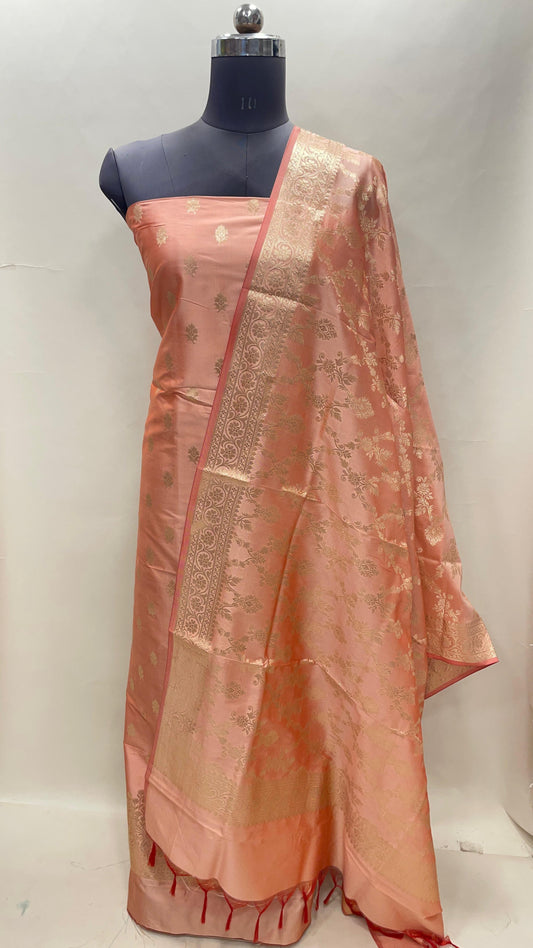 Peach Semi Katan Silk Handloom Banarasi 3 pcs Suit Set MUB_SK66