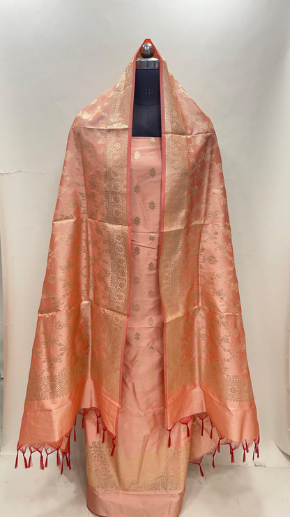 Peach Semi Katan Silk Handloom Banarasi 3 pcs Suit Set MUB_SK66