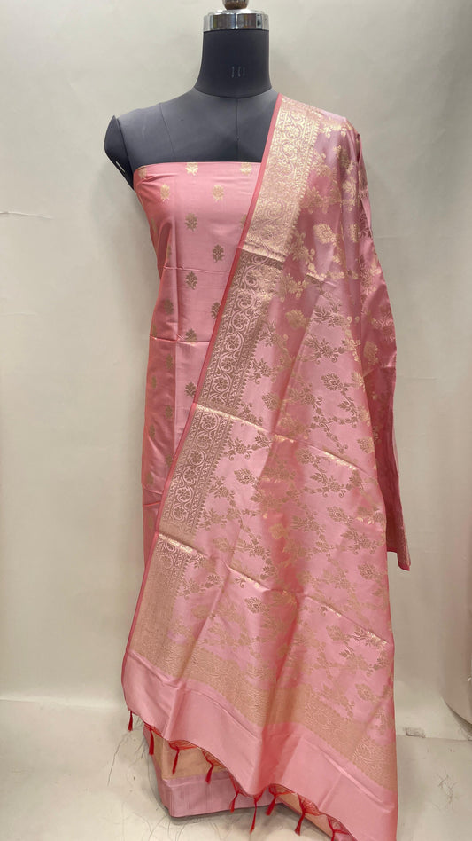 Pink Semi Katan Silk Handloom Banarasi 3 pcs Suit Set MUB_SK64