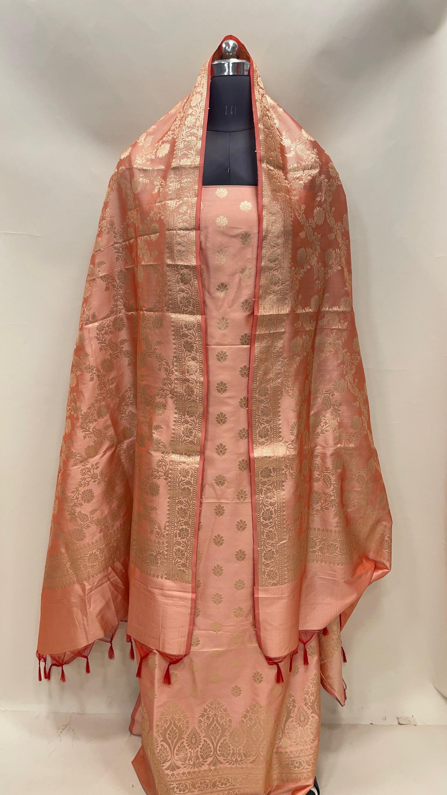 Peach Semi Katan Silk Handloom Banarasi 3 pcs Suit Set MUB_SK74