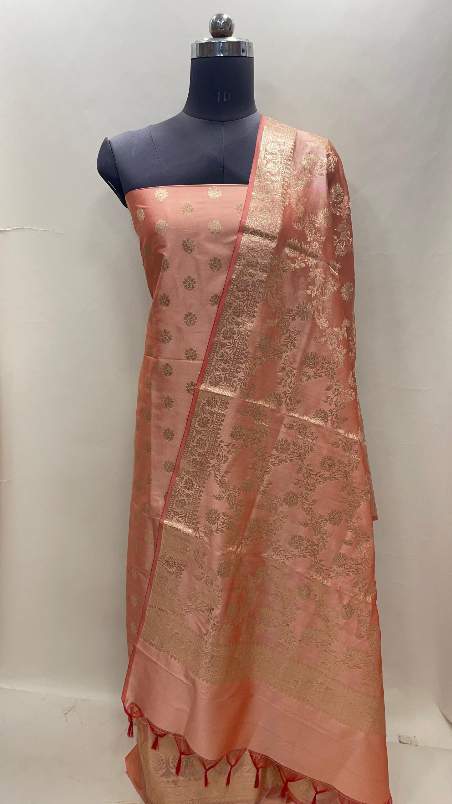 Peach Semi Katan Silk Handloom Banarasi 3 pcs Suit Set MUB_SK74