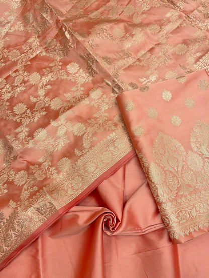 Peach Semi Katan Silk Handloom Banarasi 3 pcs Suit Set MUB_SK74