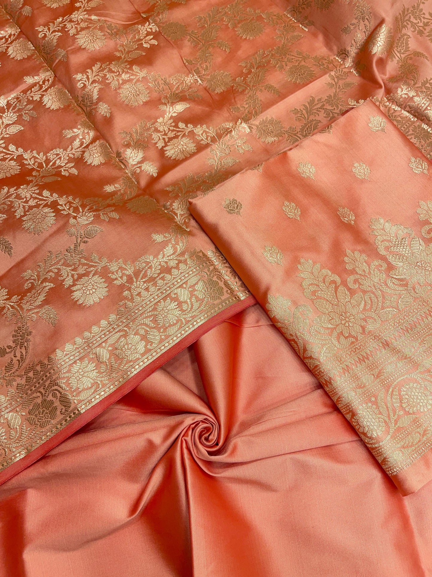 Peach Semi Katan Silk Handloom Banarasi 3 pcs Suit Set MUB_SK79
