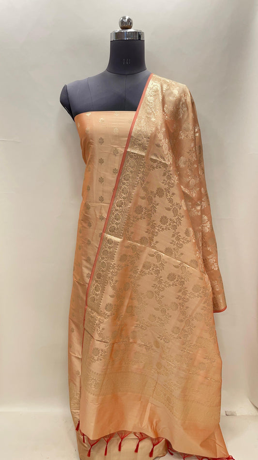 Peach Semi Katan Silk Handloom Banarasi 3 pcs Suit Set MUB_SK84