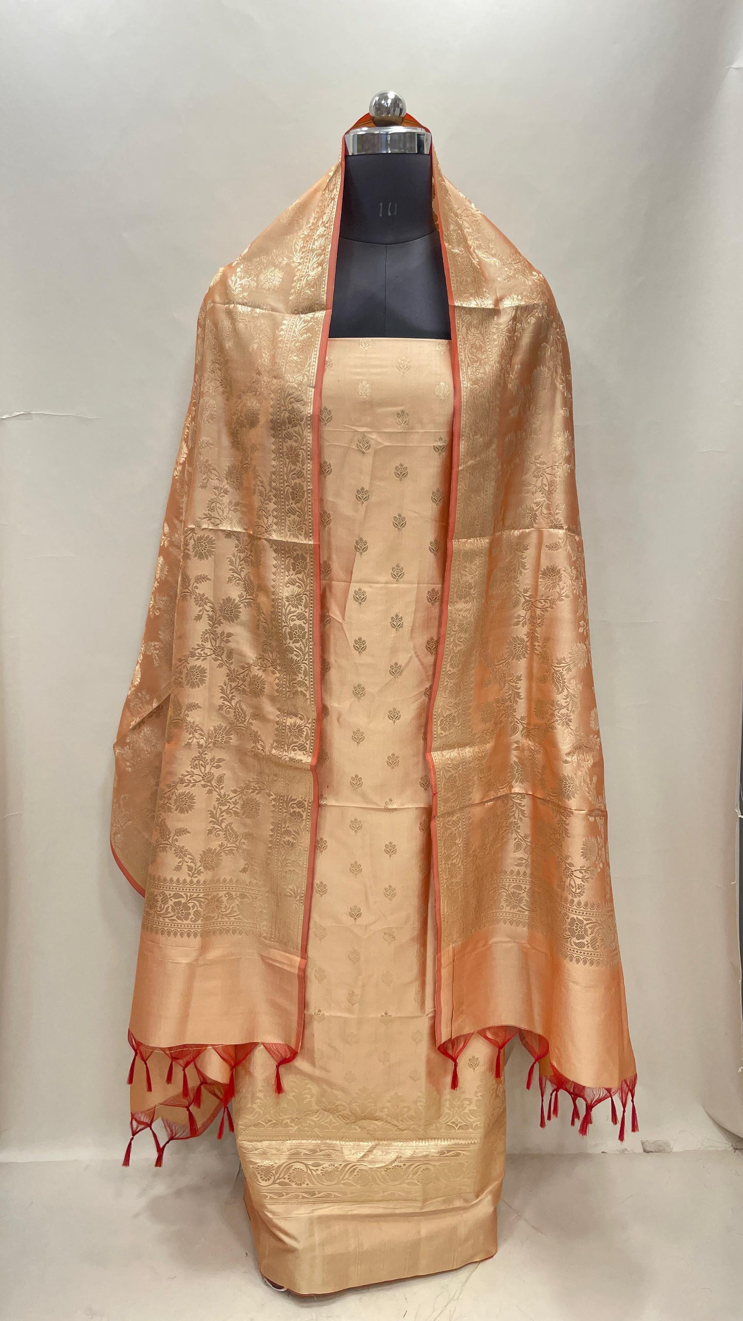 Peach Semi Katan Silk Handloom Banarasi 3 pcs Suit Set MUB_SK84