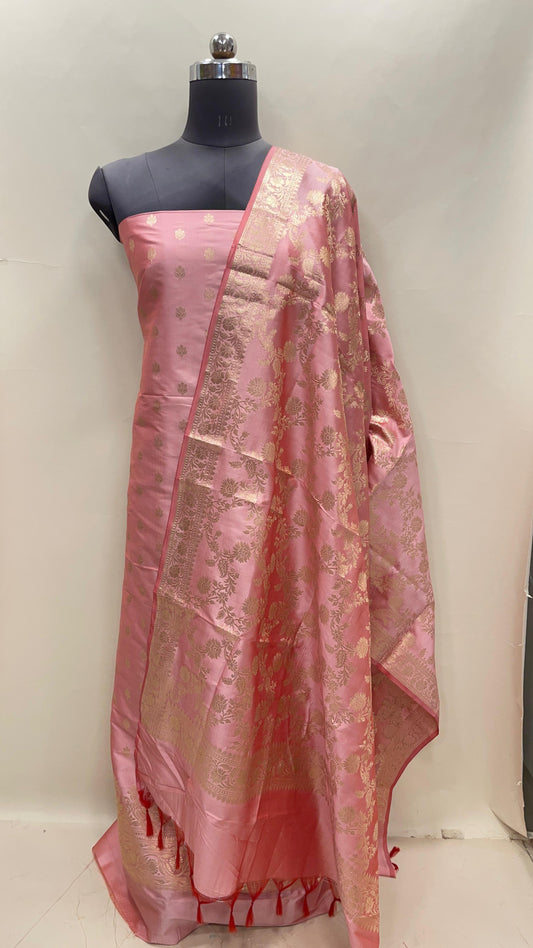 Pink Semi Katan Silk Handloom Banarasi 3 pcs Suit Set MUB_SK13