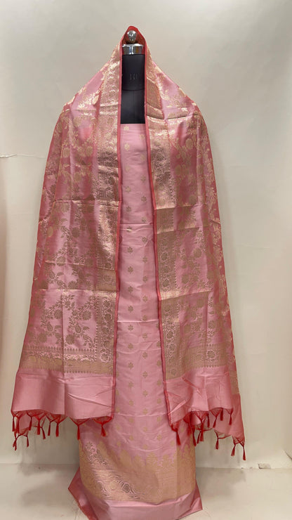 Pink Semi Katan Silk Handloom Banarasi 3 pcs Suit Set MUB_SK13
