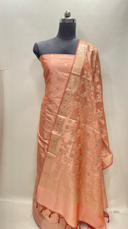Peach Semi Katan Silk Handloom Banarasi 3 pcs Suit Set MUB_SK79