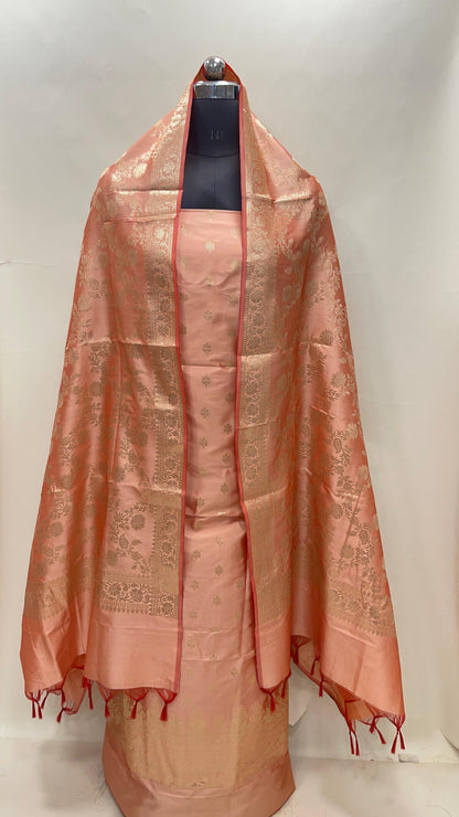 Peach Semi Katan Silk Handloom Banarasi 3 pcs Suit Set MUB_SK79