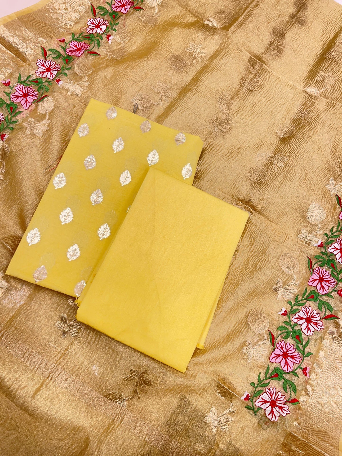 Yellow Pure Cotton Embroidery Tissue Dupatta Banarasi 3 pcs Suit Set IM_PCEM1