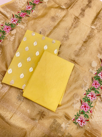 Yellow Pure Cotton Embroidery Tissue Dupatta Banarasi 3 pcs Suit Set IM_PCEM1