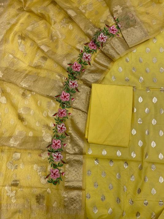 Yellow Pure Cotton Embroidery Tissue Dupatta Banarasi 3 pcs Suit Set IM_PCEM1