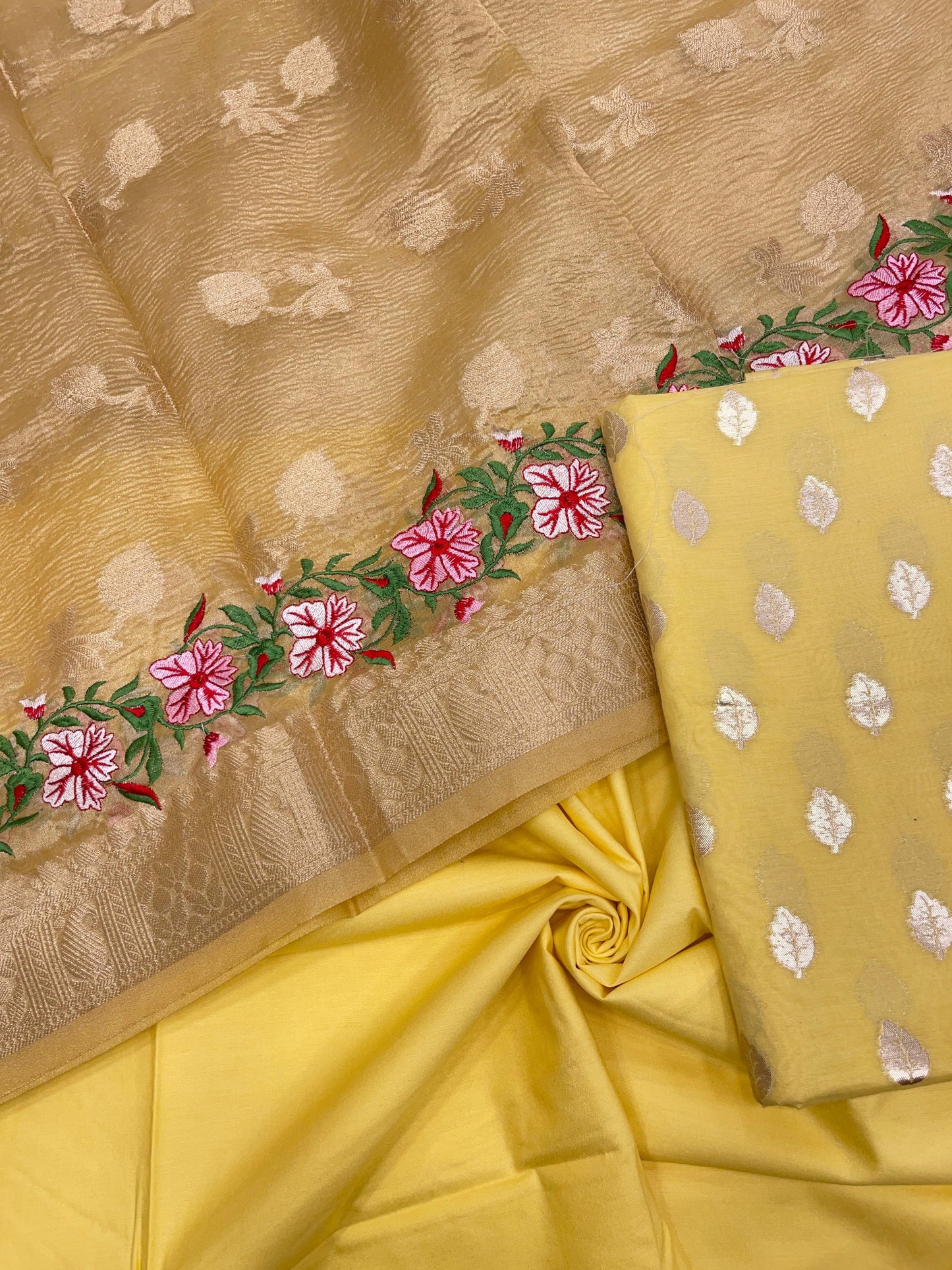 Yellow Pure Cotton Embroidery Tissue Dupatta Banarasi 3 pcs Suit Set IM_PCEM1