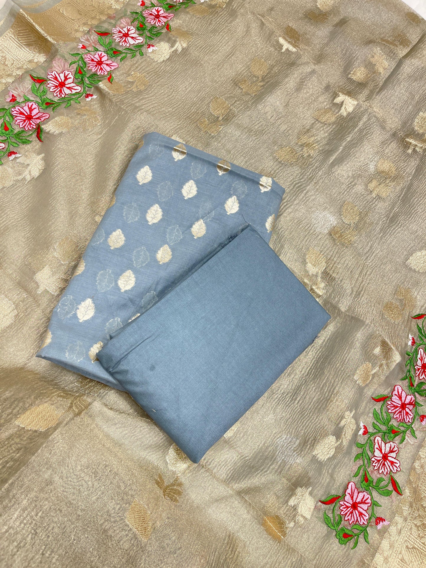 Blue Pure Cotton Embroidery Tissue Dupatta Banarasi 3 pcs Suit Set IM_PCEM2
