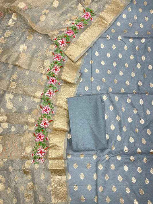 Blue Pure Cotton Embroidery Tissue Dupatta Banarasi 3 pcs Suit Set IM_PCEM2