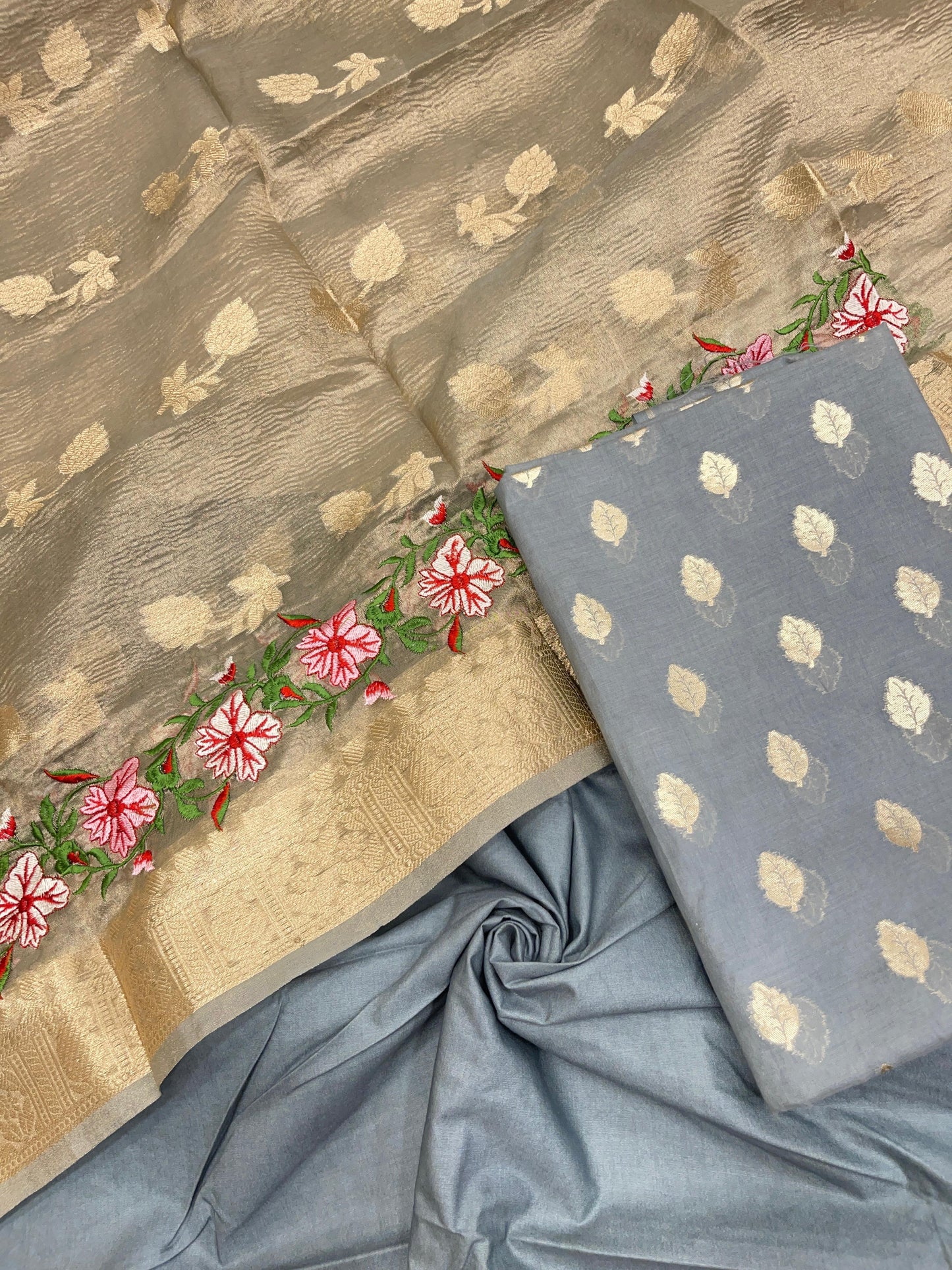 Blue Pure Cotton Embroidery Tissue Dupatta Banarasi 3 pcs Suit Set IM_PCEM2