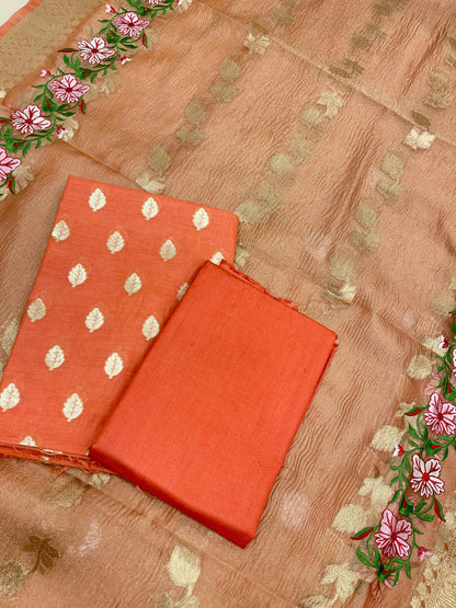 Orange Pure Cotton Embroidery Tissue Dupatta Banarasi 3 pcs Suit Set IM_PCEM3