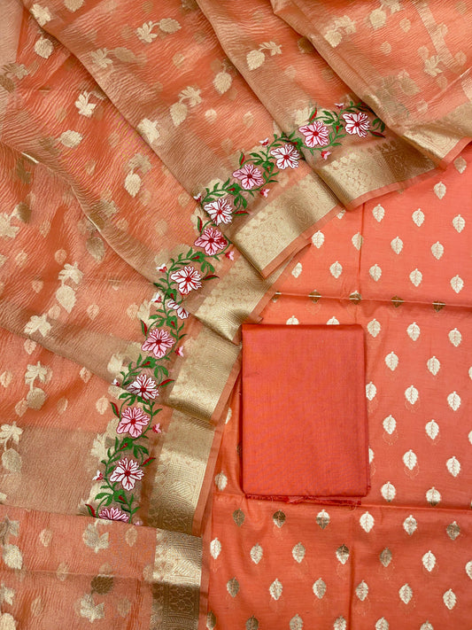 Orange Pure Cotton Embroidery Tissue Dupatta Banarasi 3 pcs Suit Set IM_PCEM3