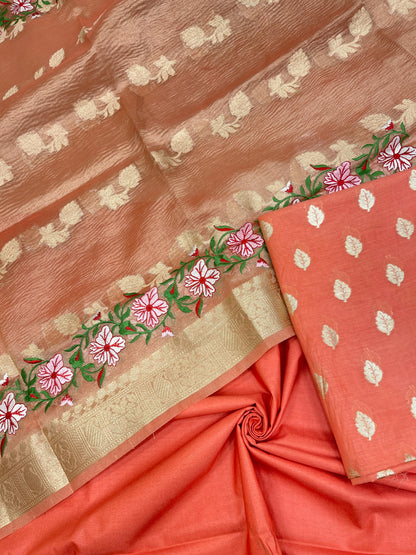Orange Pure Cotton Embroidery Tissue Dupatta Banarasi 3 pcs Suit Set IM_PCEM3