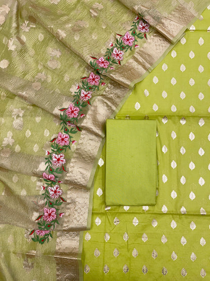 Light Green Pure Cotton Embroidery Tissue Dupatta Banarasi 3 pcs Suit Set IM_PCEM4