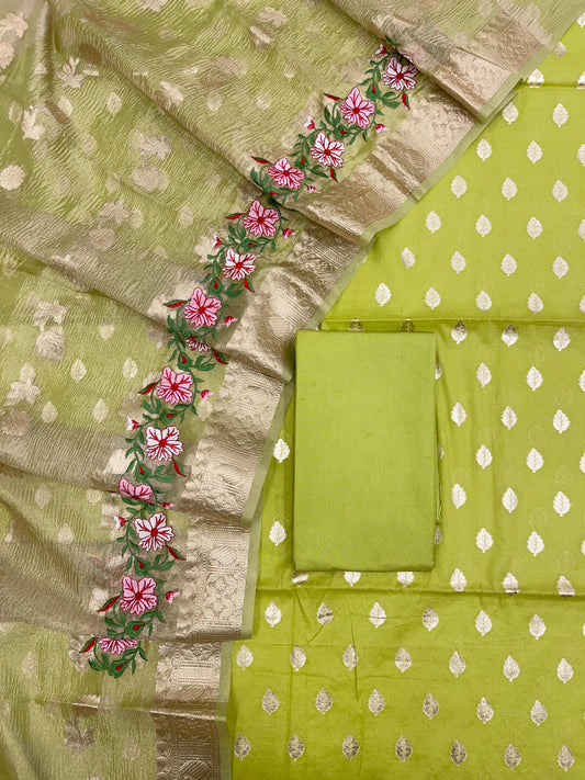 Light Green Pure Cotton Embroidery Tissue Dupatta Banarasi 3 pcs Suit Set IM_PCEM4
