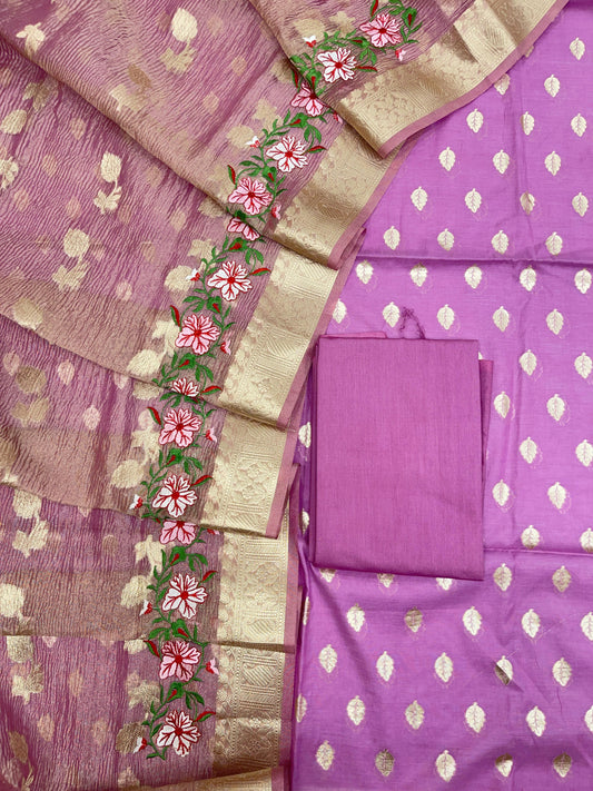 Lavender Pure Cotton Embroidery Tissue Dupatta Banarasi 3 pcs Suit Set IM_PCEM5