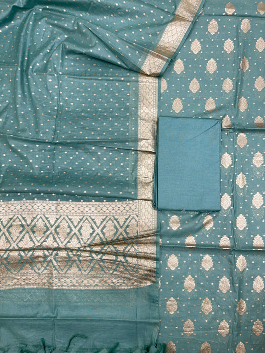 Blue Pure Cotton Self Design Banarasi 3 pcs Suit Set IM_PCSD3