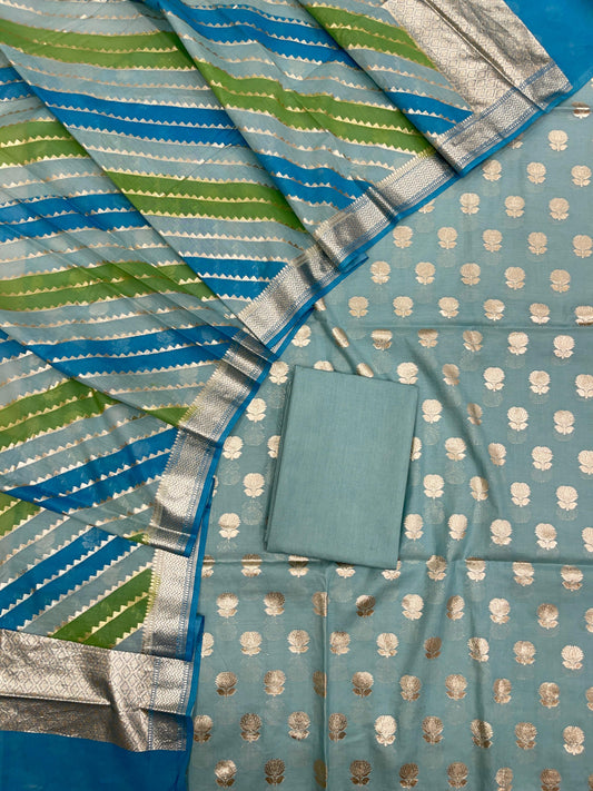 Sky Blue Pure Cotton Handbrush Dupatta Banarasi 3 pcs Suit Set IM_PCHBK2
