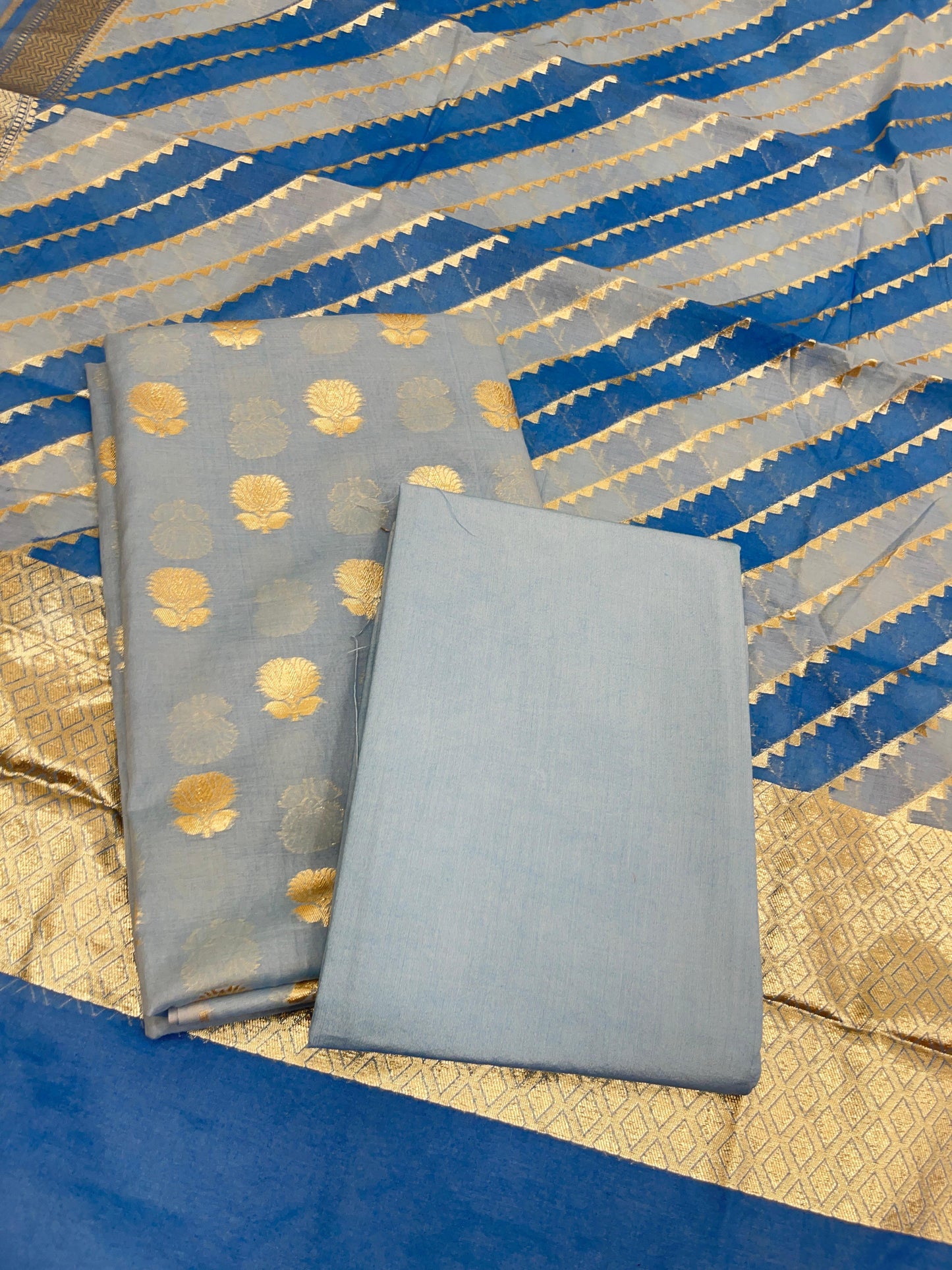 Blue Pure Cotton Handbrush Dupatta Banarasi 3 pcs Suit Set IM_PCHBK4