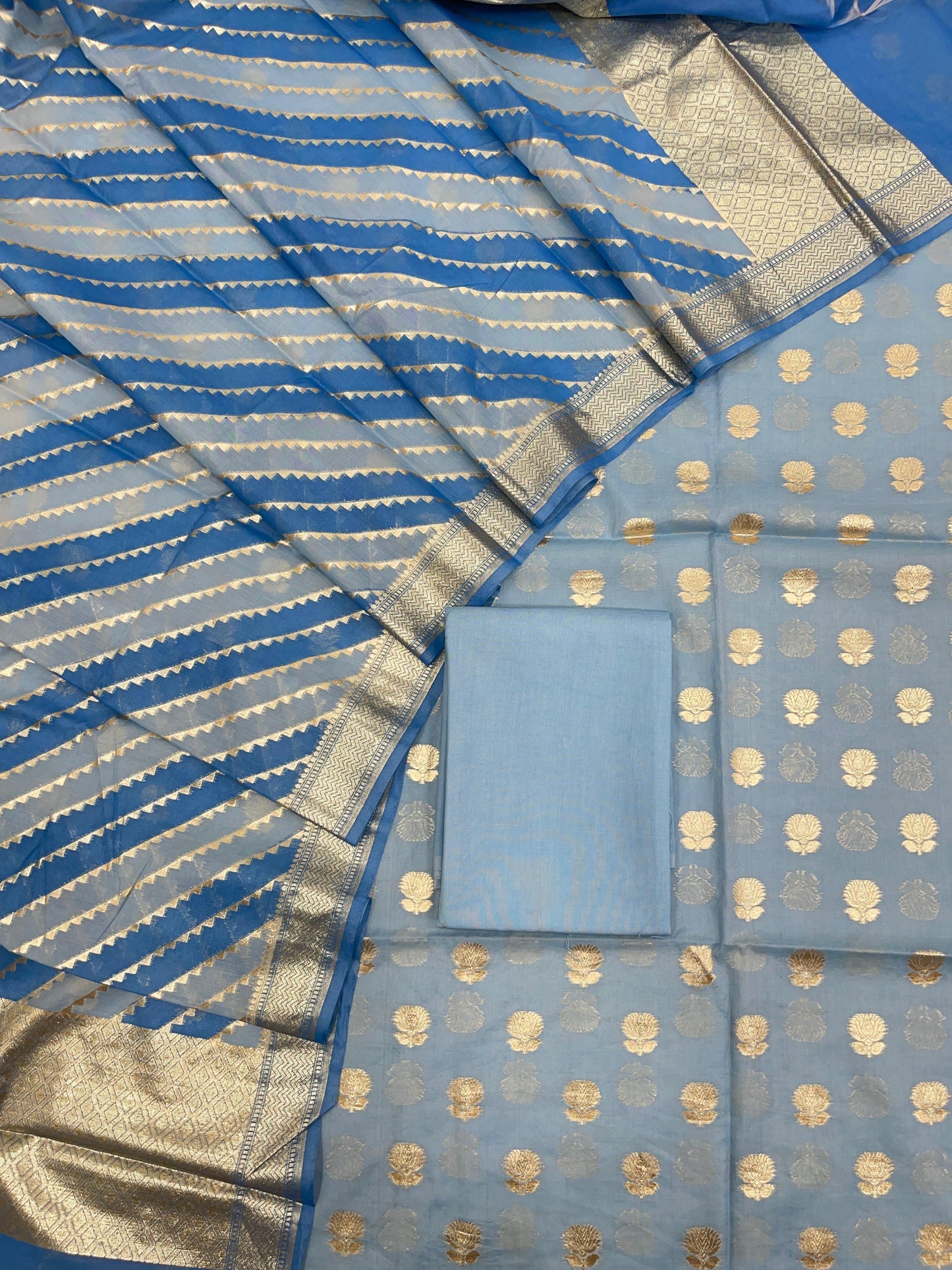 Blue Pure Cotton Handbrush Dupatta Banarasi 3 pcs Suit Set IM_PCHBK4