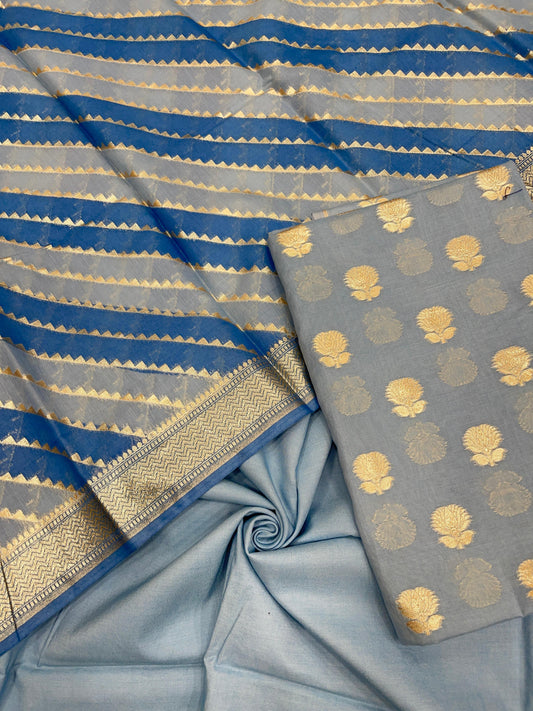Blue Pure Cotton Handbrush Dupatta Banarasi 3 pcs Suit Set IM_PCHBK4