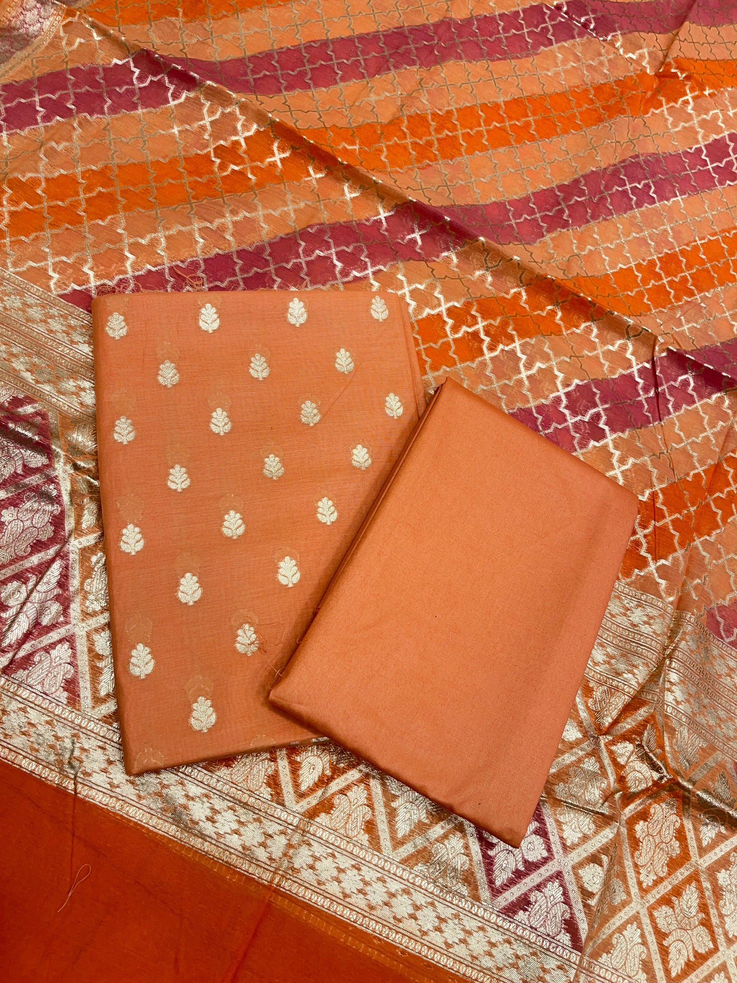 Orange Pure Cotton Handbrush Patti Dupatta Banarasi 3 pcs Suit Set IM_PCHBP1