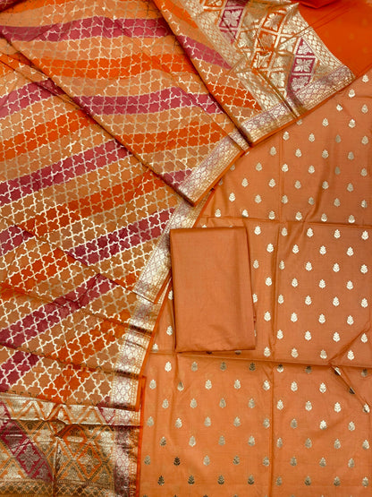 Orange Pure Cotton Handbrush Patti Dupatta Banarasi 3 pcs Suit Set IM_PCHBP1