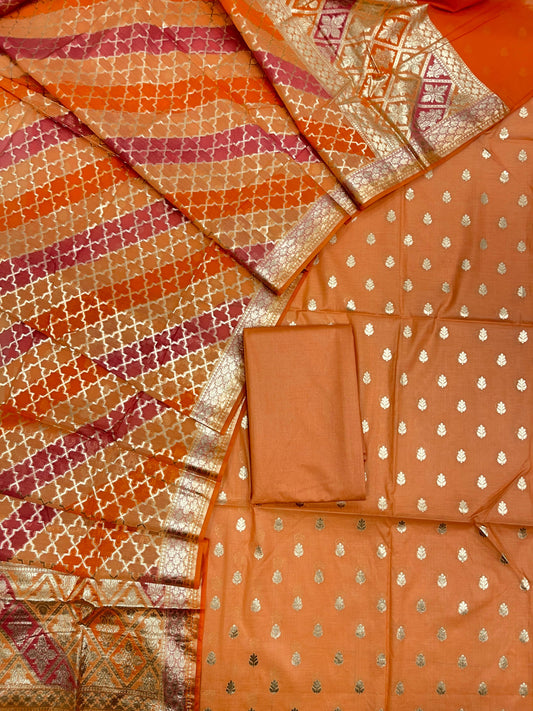 Orange Pure Cotton Handbrush Patti Dupatta Banarasi 3 pcs Suit Set IM_PCHBP1