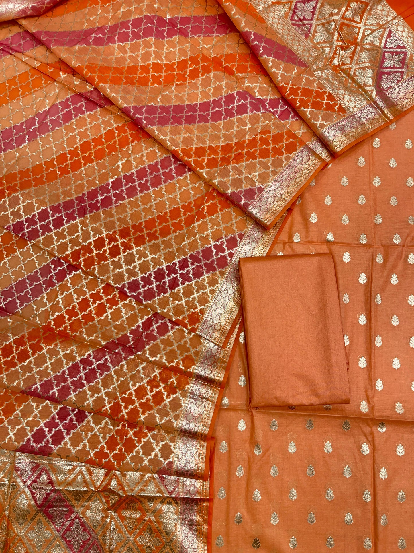 Orange Pure Cotton Handbrush Patti Dupatta Banarasi 3 pcs Suit Set IM_PCHBP1