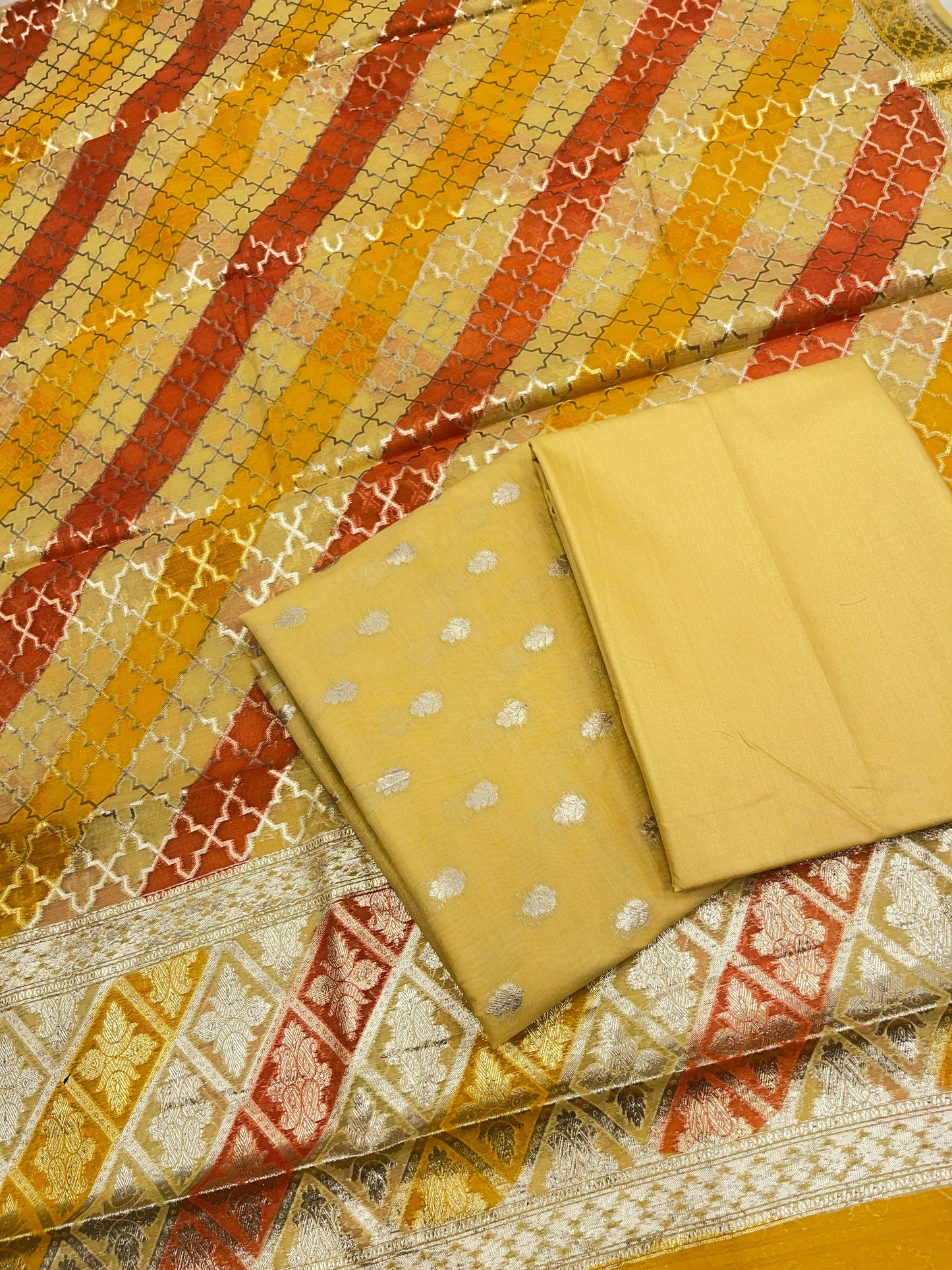 Yellow Pure Cotton Handbrush Patti Dupatta Banarasi 3 pcs Suit Set IM_PCHBP3